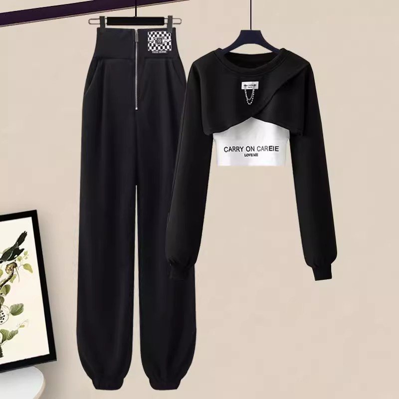 2023 Autumn Winter Knitted O-Neck Long Sleeve Sweater Top And Splice Pant Women Two Piece Pant Set