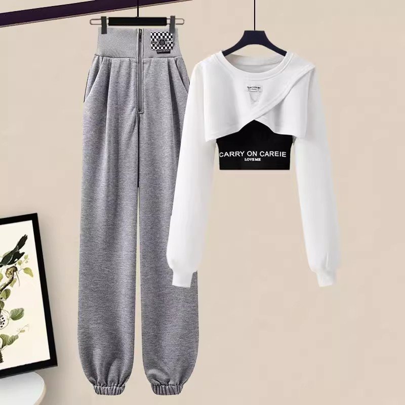 2023 Autumn Winter Knitted O-Neck Long Sleeve Sweater Top And Splice Pant Women Two Piece Pant Set