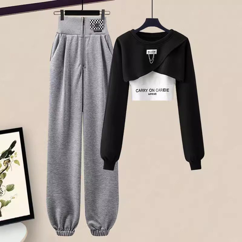 2023 Autumn Winter Knitted O-Neck Long Sleeve Sweater Top And Splice Pant Women Two Piece Pant Set