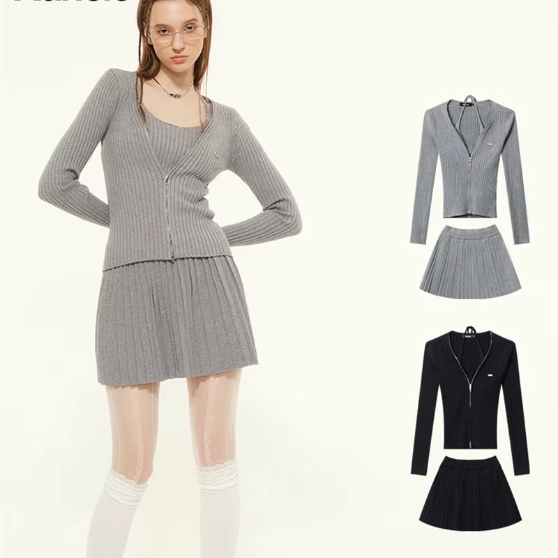 2024 Ladies Knitted Zipper Tops Short Skirt 2 Piece Set Casual Plain Sweaters Sets Women's Co ords Suits Knitwear Two Piece Sets