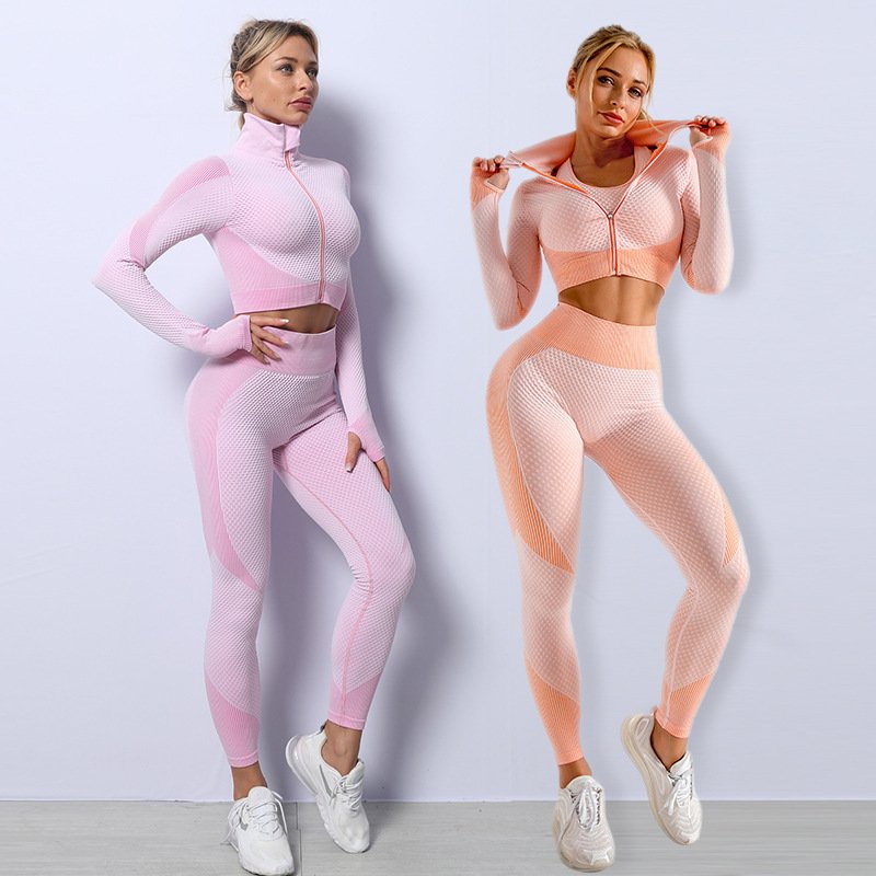 Seamless Yoga Suit Women's 3 PIECES Seamless Workout Outfits Sets Yoga Sportswear Sleeve Leggings and Stretch Sports Bra
