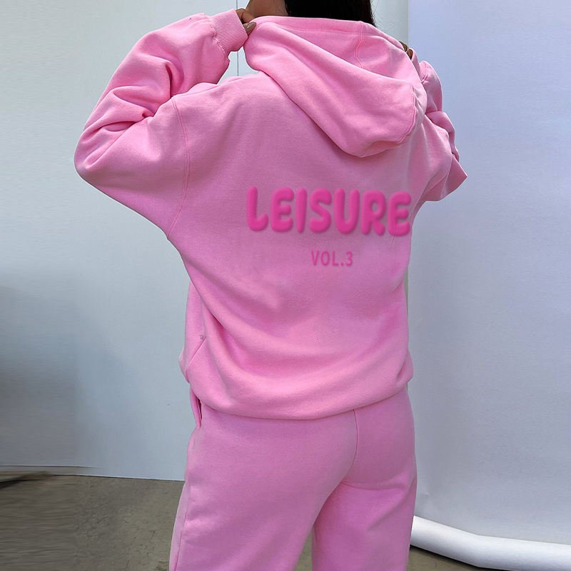 Manufacturers OEM Custom LOGO Pink 3d Puff Print Women's streetwear for sweatpants Pullover Oversized Hoodie And Joggers Set