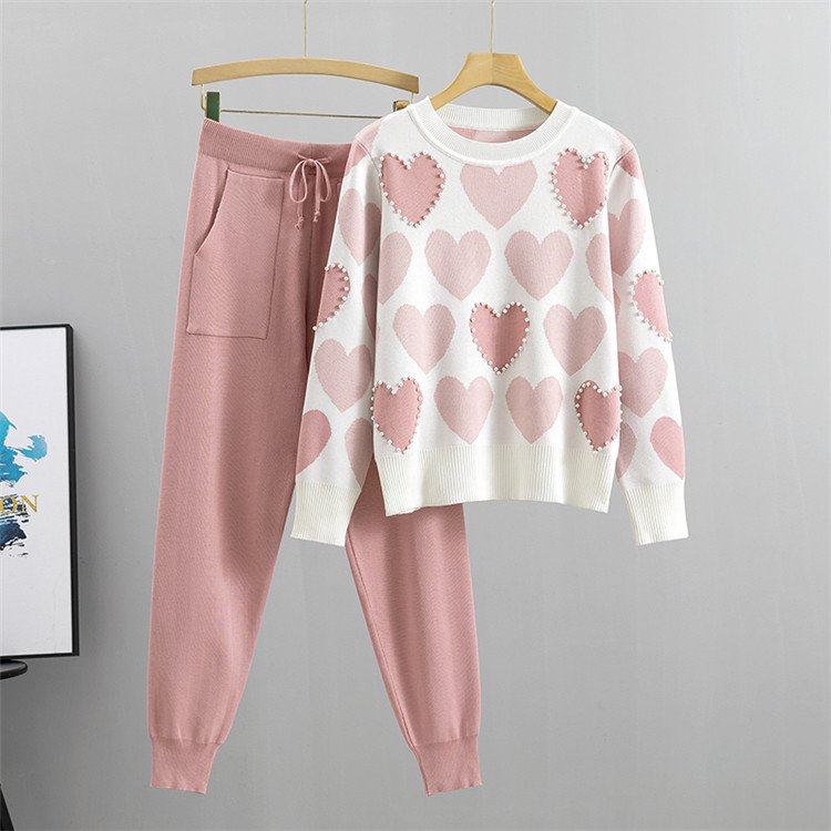 ATOPTEX Girl's Heart Bead Academy Style Sweater+Pants Two Piece Set Spring Autumn Casual Pants Women's Set
