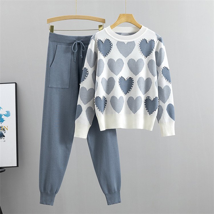 ATOPTEX Girl's Heart Bead Academy Style Sweater+Pants Two Piece Set Spring Autumn Casual Pants Women's Set