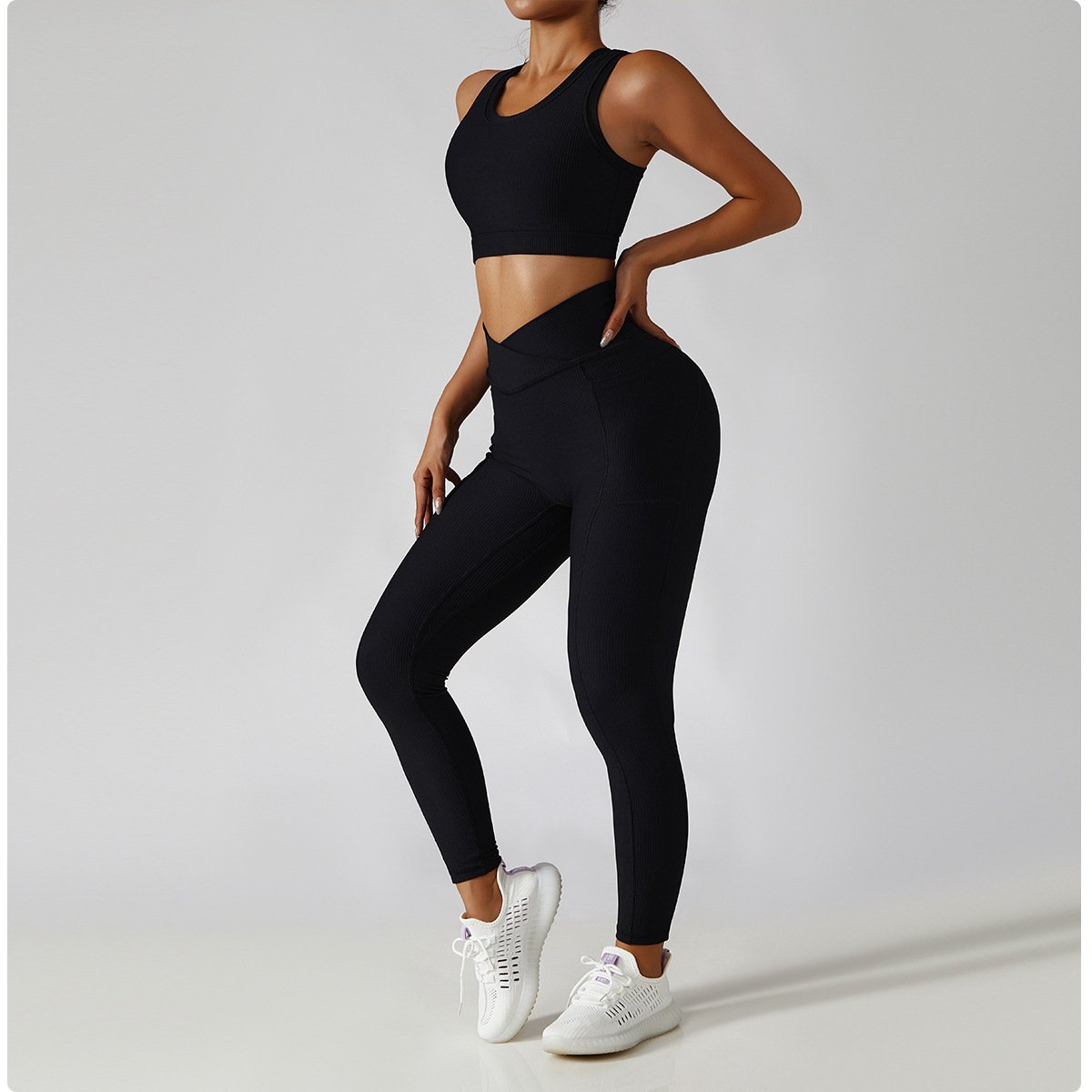 4 PCS Women's Breathable Bra Pants Sports Suit Indoor Running Fitness Yoga Sets With Pockets