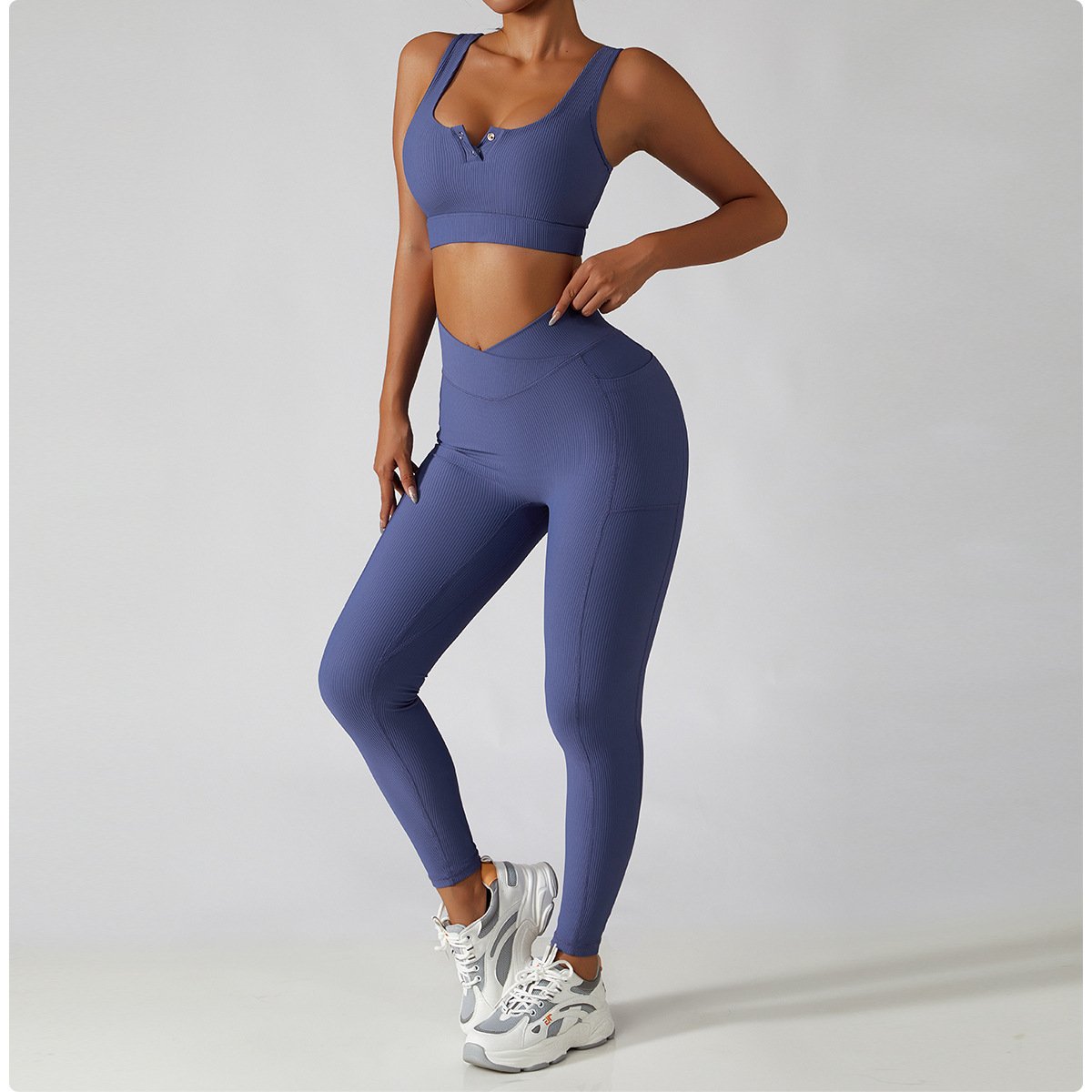4 PCS Women's Breathable Bra Pants Sports Suit Indoor Running Fitness Yoga Sets With Pockets