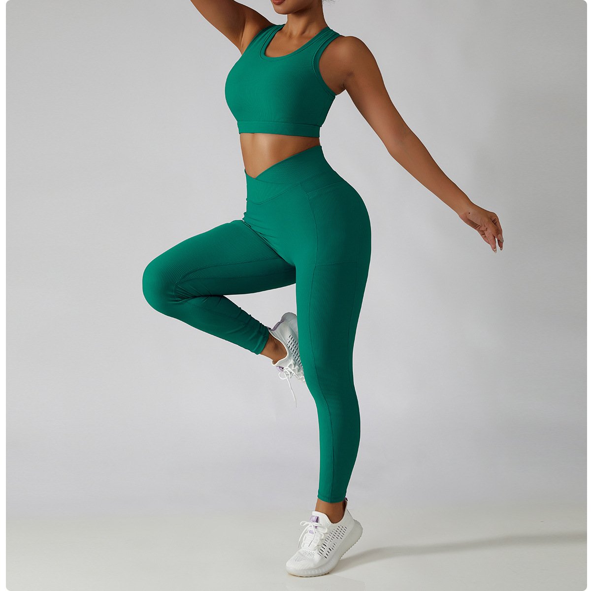 4 PCS Women's Breathable Bra Pants Sports Suit Indoor Running Fitness Yoga Sets With Pockets