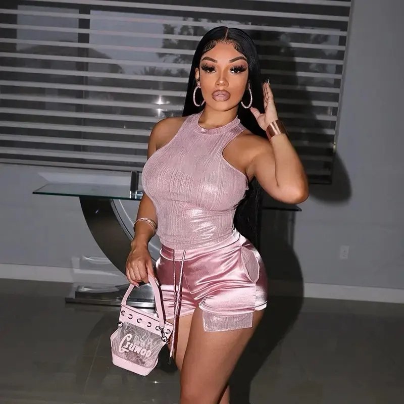 Spring2023 clothingtank top women tracksuits fashion hot silver bright sleeveless gold vest drawstring pocket shorts casual suit