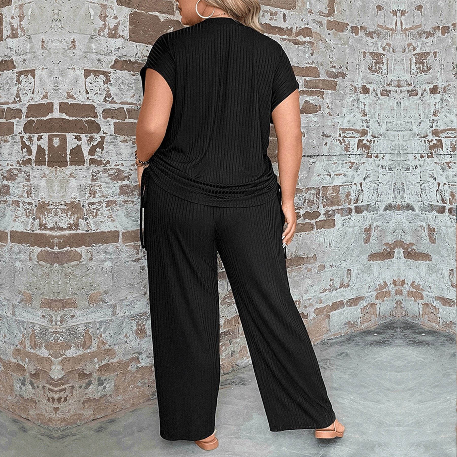 New design solid black outfits plus size casual drawstring short sleeve crop top palazzo pants women's sets