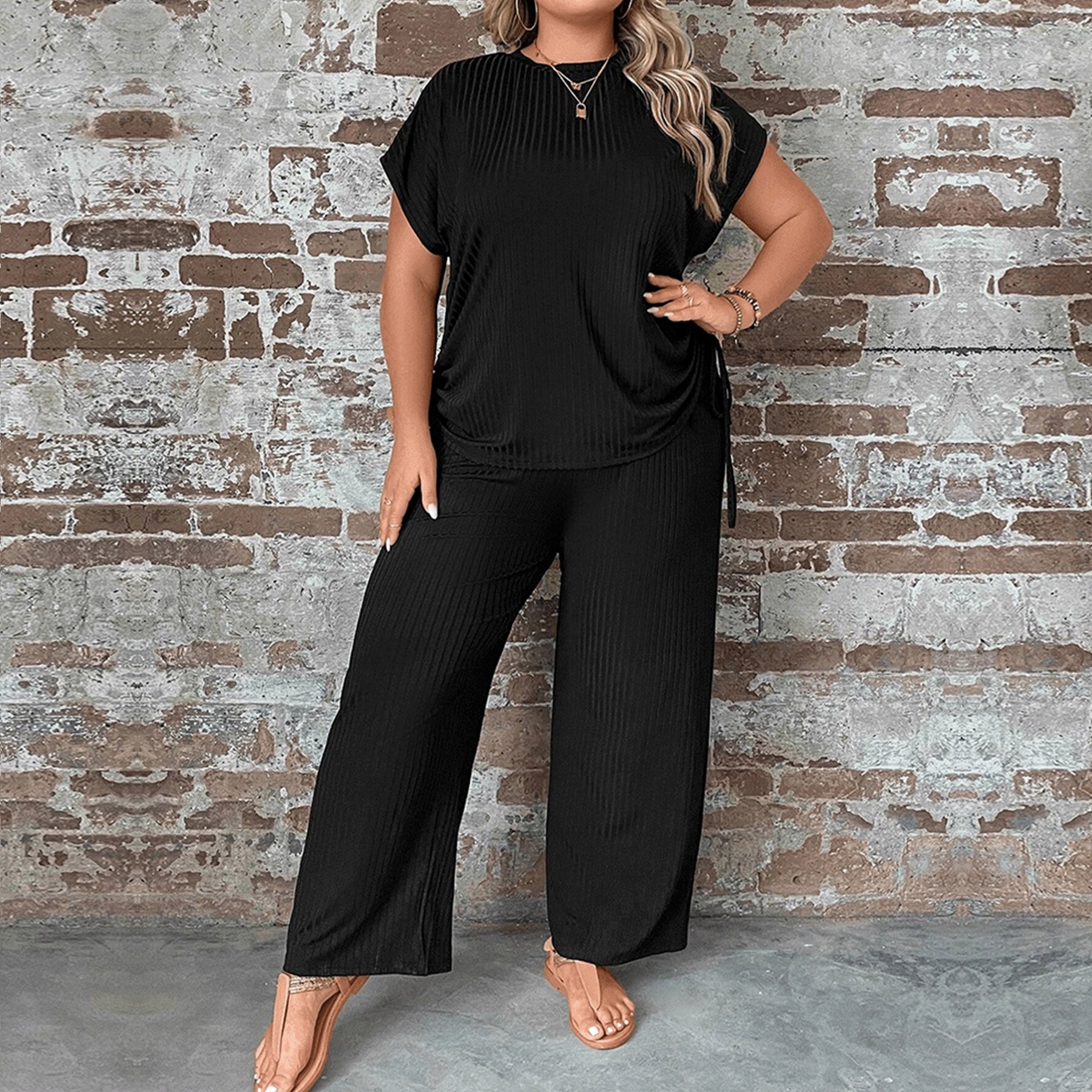 New design solid black outfits plus size casual drawstring short sleeve crop top palazzo pants women's sets