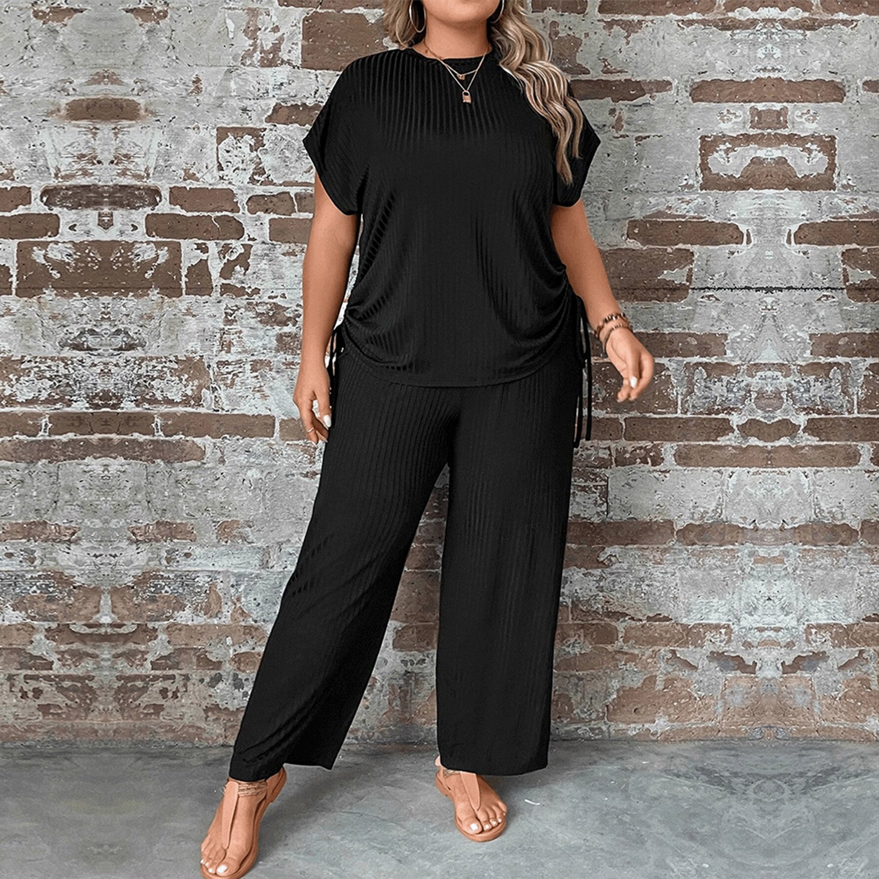 New design solid black outfits plus size casual drawstring short sleeve crop top palazzo pants women's sets