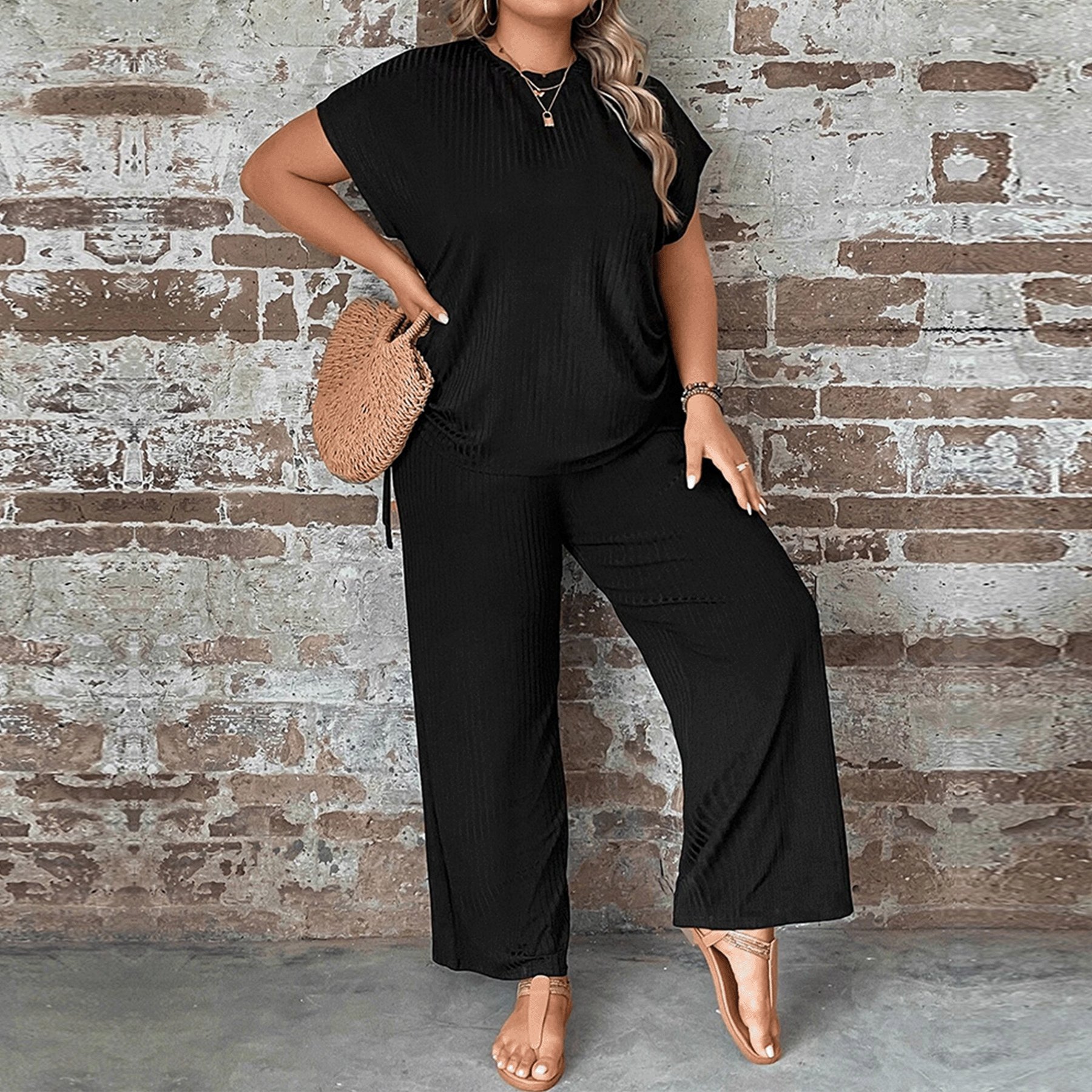 New design solid black outfits plus size casual drawstring short sleeve crop top palazzo pants women's sets