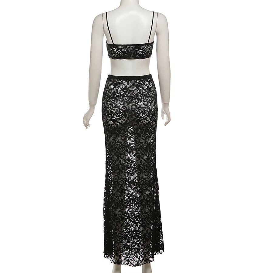 Kliou K24S50069 New arrivals 2 piece set women sexy top+maxi skirt women's sets trendy lace solid outfit