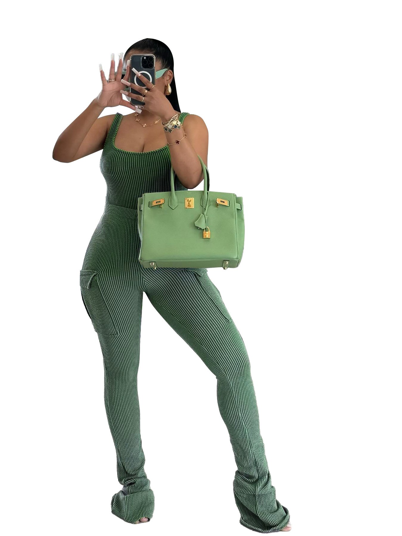 High Quality Solid Color Ribbed One-Piece Vest Trousers Women's Sets Casual Bodysuit And Pocket Detail Pants Two Piece Set