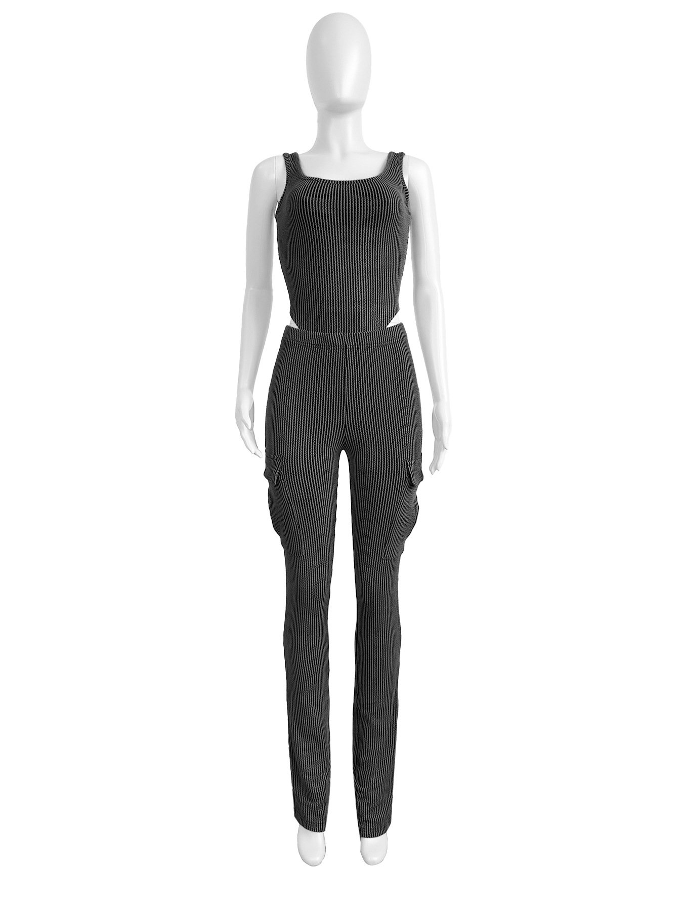 High Quality Solid Color Ribbed One-Piece Vest Trousers Women's Sets Casual Bodysuit And Pocket Detail Pants Two Piece Set