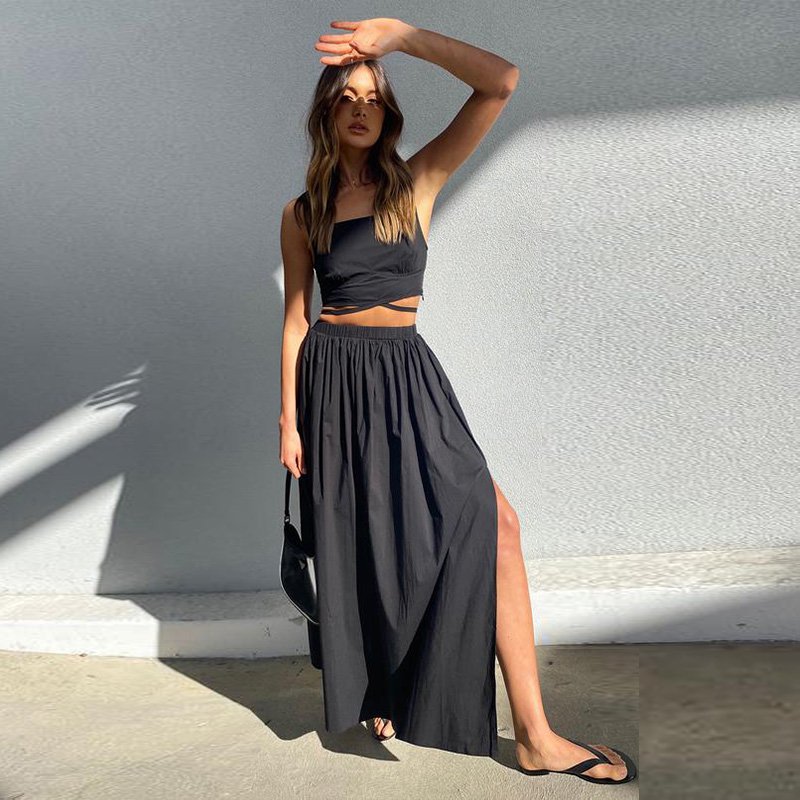 Women's set two piece midi skirt plain color wrap tie around waist crop tank top and gathered side slit maxi skirt