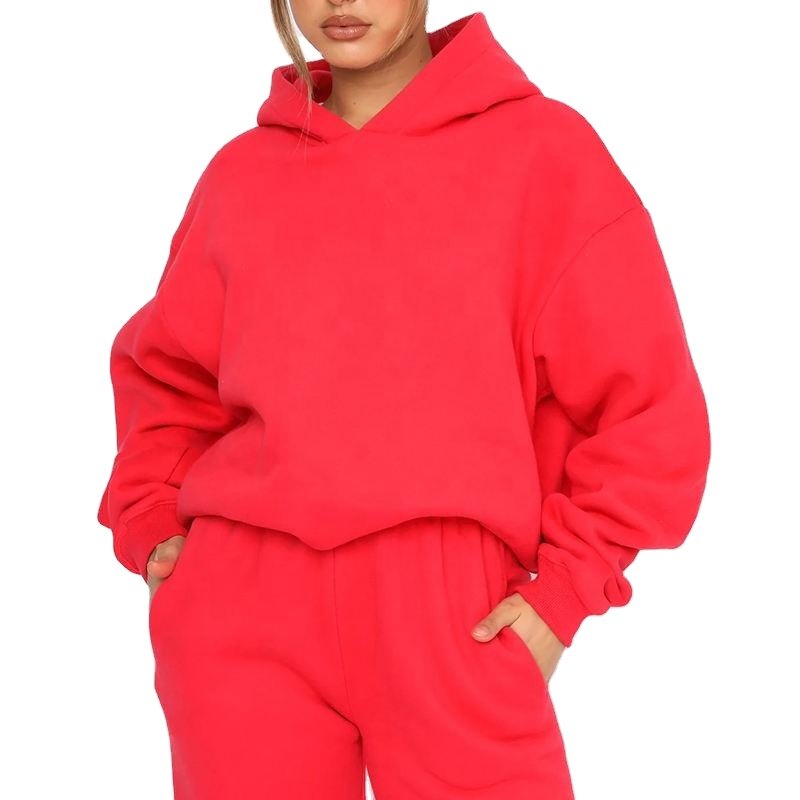 Custom Logo Solid Colors Plain Red Heavyweight Hoodie High Quality Women Sports Pullover Sweatshirt