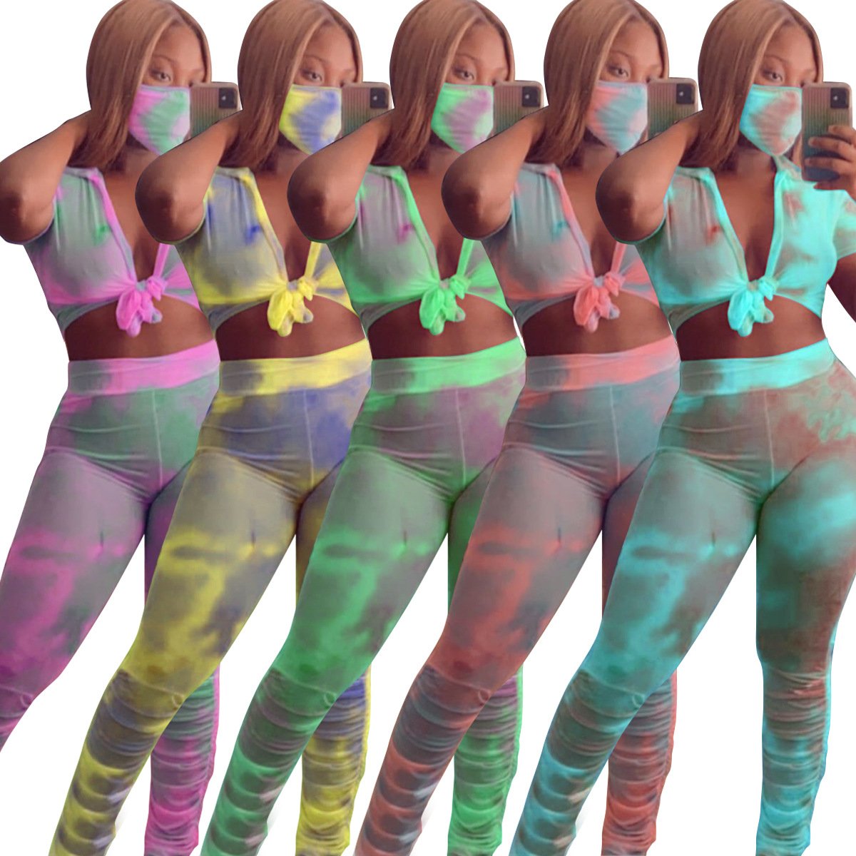 Custom women plus size sets, tie dye pleated micro flared track pants two piece suit,women casual tracksuit sexy set
