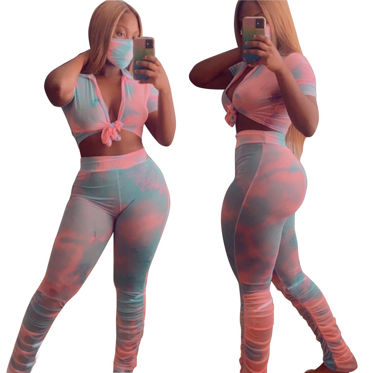 Custom women plus size sets, tie dye pleated micro flared track pants two piece suit,women casual tracksuit sexy set