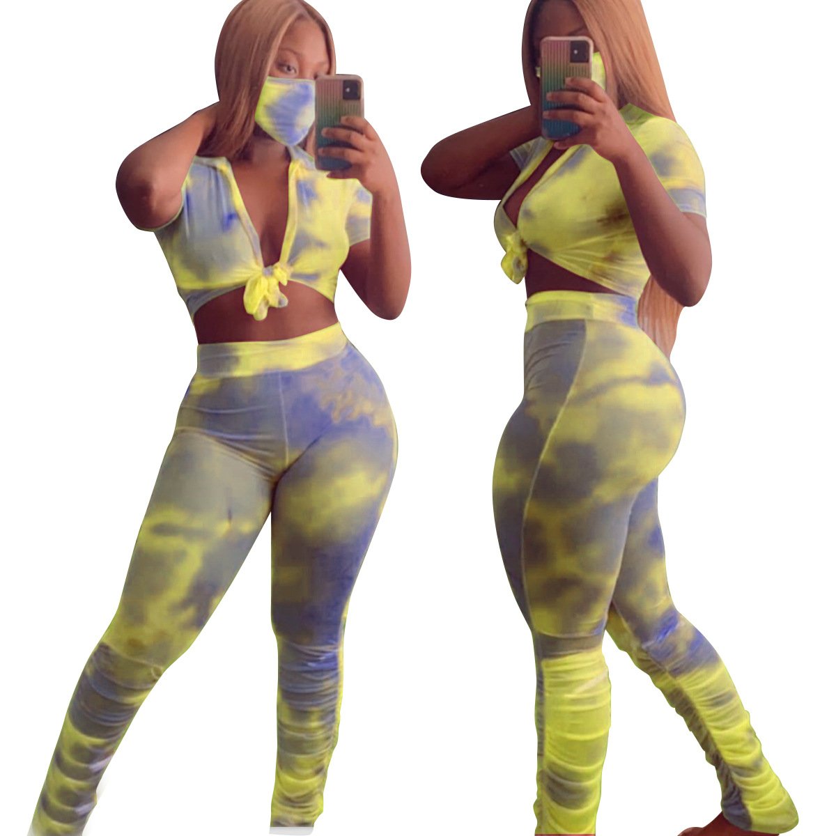Custom women plus size sets, tie dye pleated micro flared track pants two piece suit,women casual tracksuit sexy set