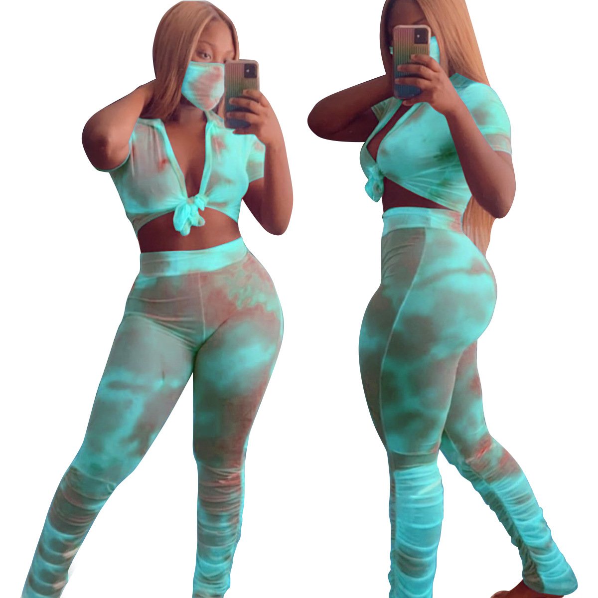 Custom women plus size sets, tie dye pleated micro flared track pants two piece suit,women casual tracksuit sexy set