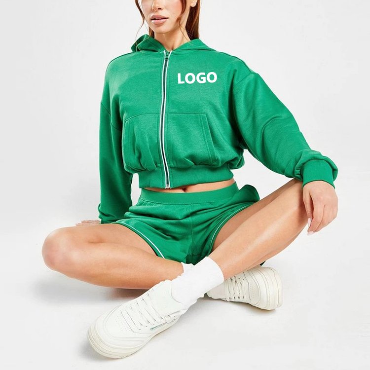 Custom Logo Classic Full Zip Hoodie and sweatpants cotton ribbed tracksuit cropped women's hoodies sweatshirts