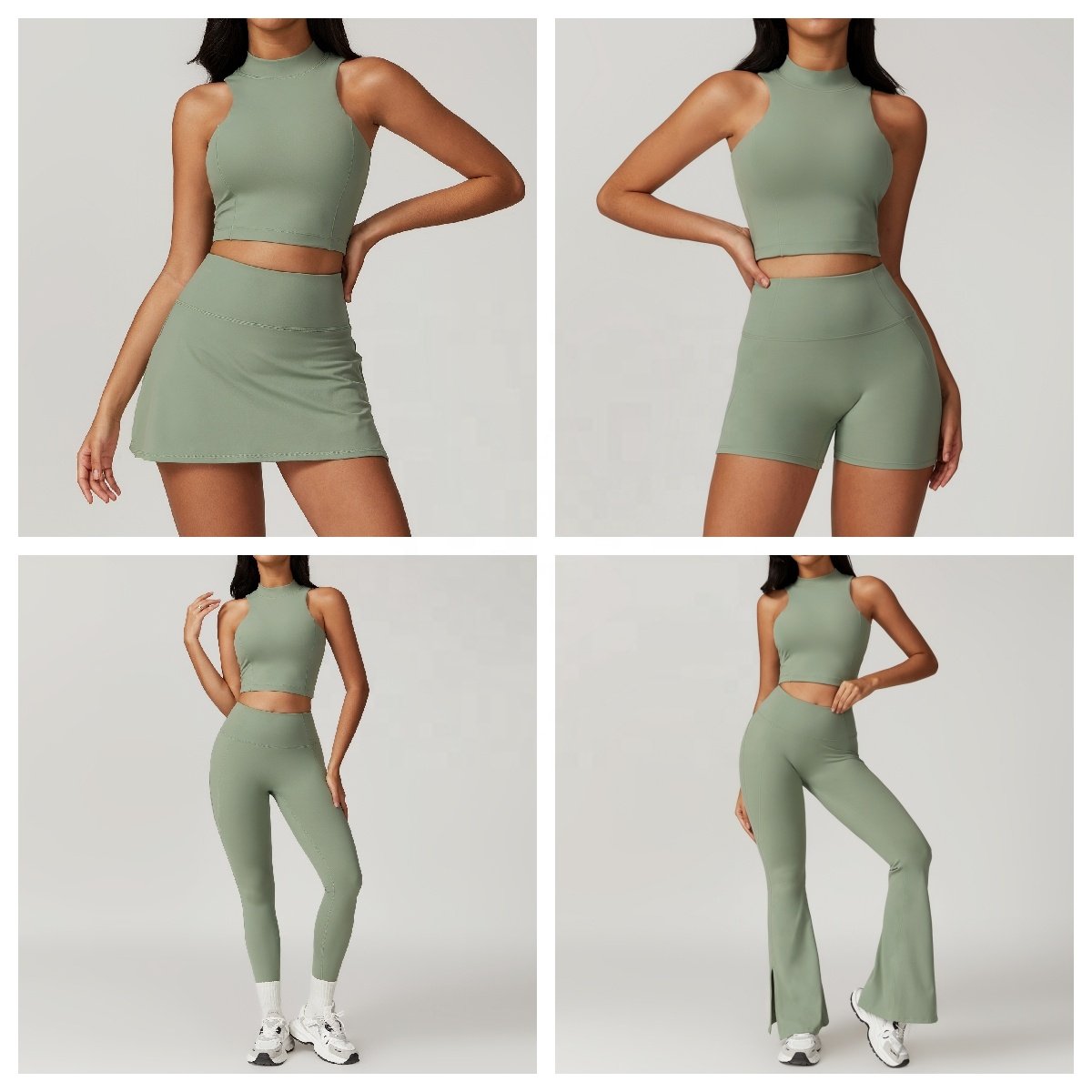 Custom Women's 7 Pieces Workout Outfits Free Matching Yoga Suit Long Sleeve Tennis Wear Flare Yoga Pants Gym Fitness Set