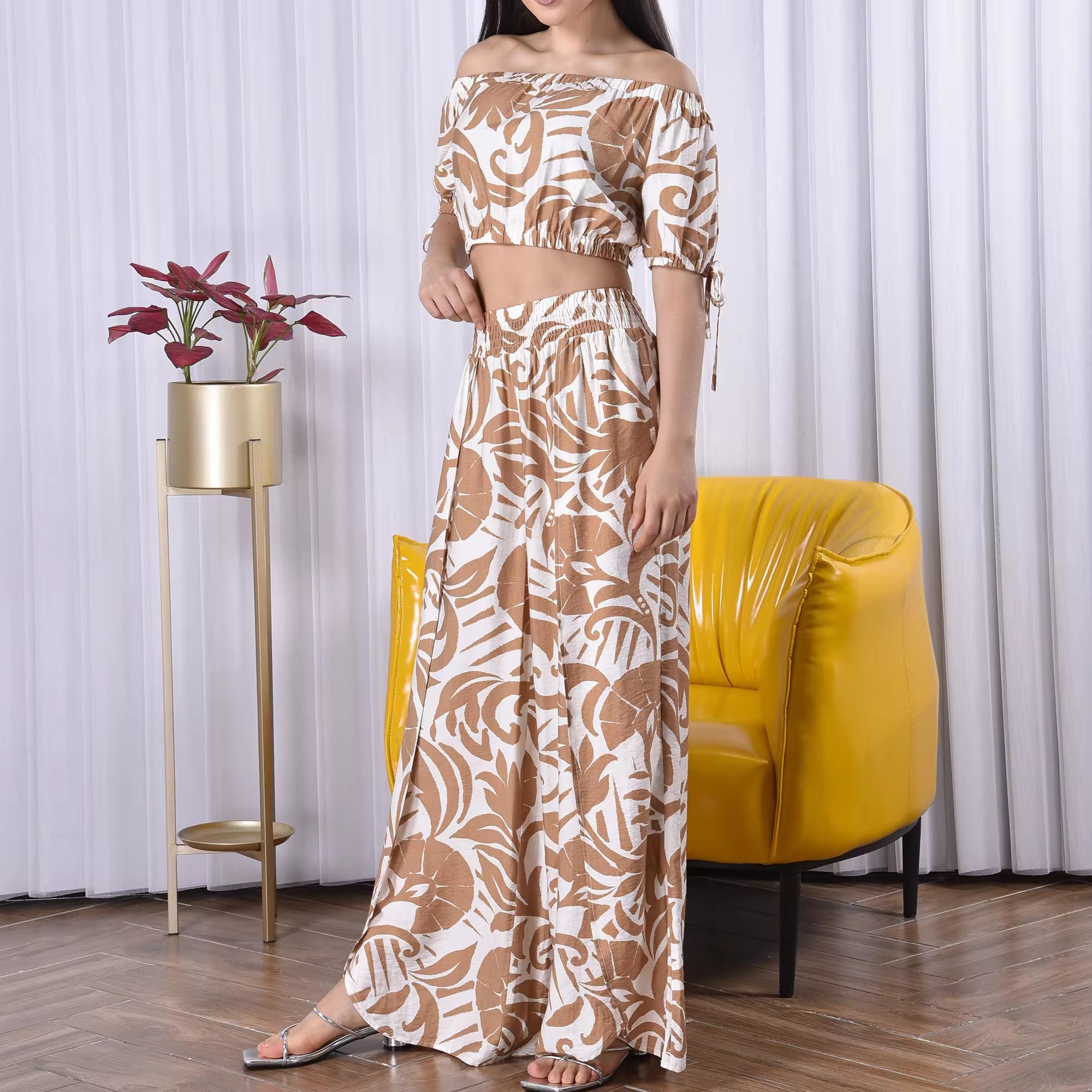 floral printed 2 piece set strap off the shoulder short top and loose wide leg pant casual straight crop top women's sets