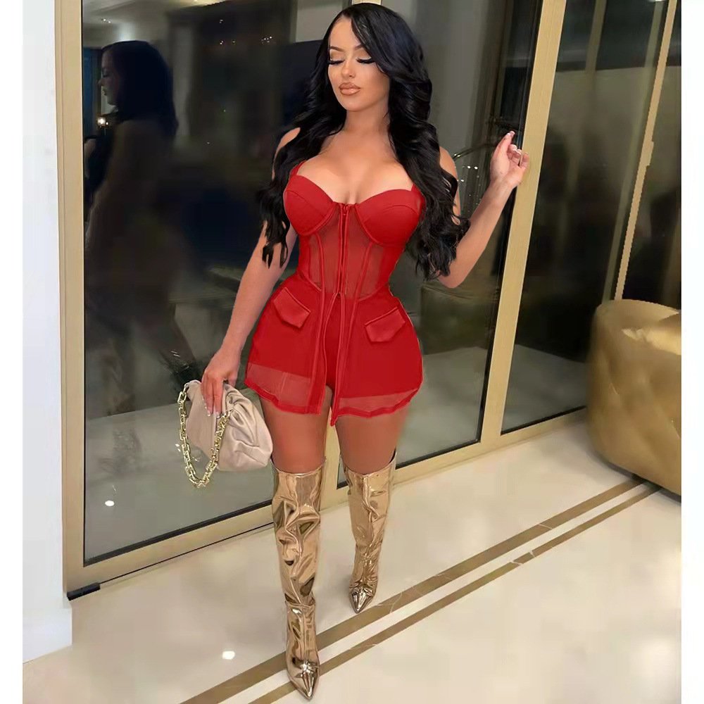 2024 Women Clothing Mesh Vest 2 Piece Shorts Casual Outfits Woman See Through Two Pieces Set For Ladies