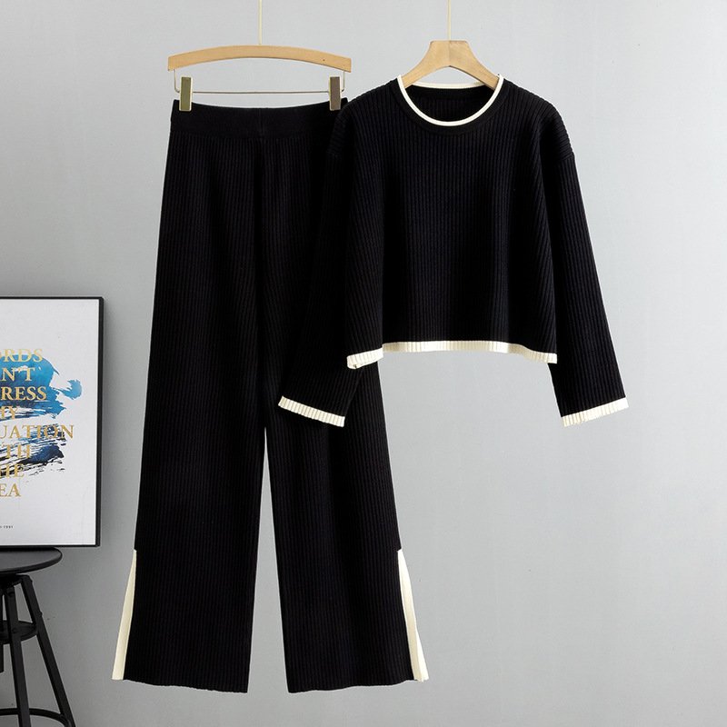 Boutique Wholesale 2024 Autumn New Fashion Short Sweater Wide Leg Pants Knitted Women's Set