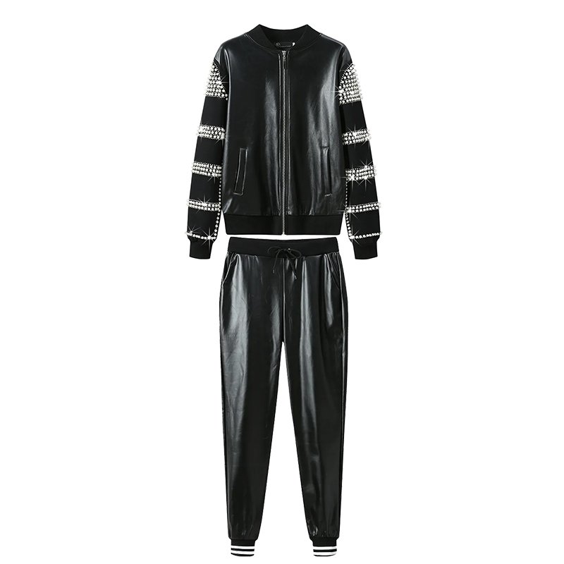 Custom leather coat Custom Women's Two Piece Rhinestone Pearl Tracksuit 2 Piece Hot Drilling Rhinestone Women's Suits