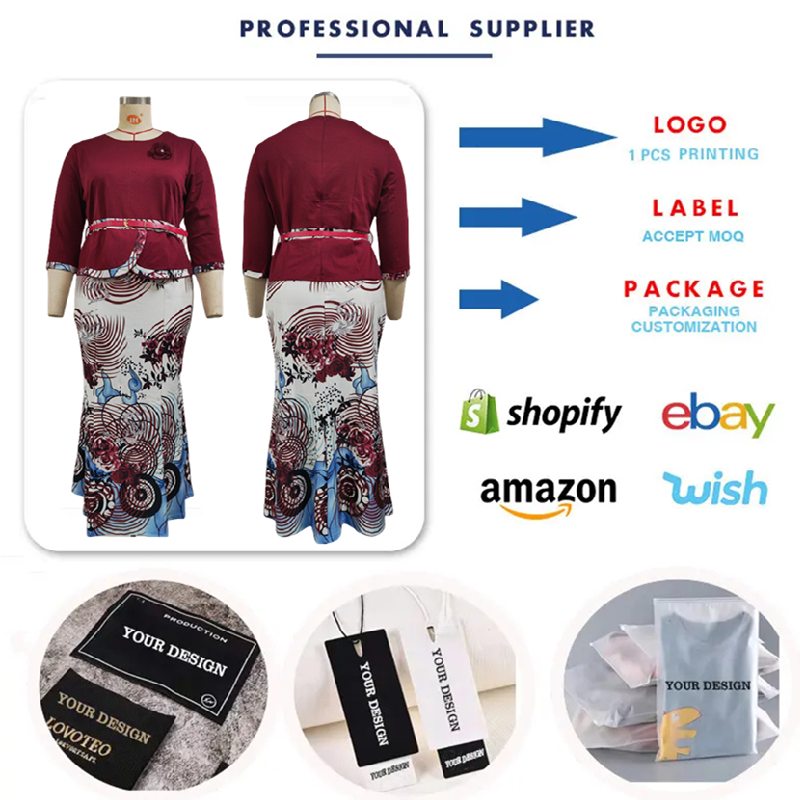 JX504 Hot Selling Plus Size Women Sets 2XL-6XL African Printed 3 Quarter Sleeve Skirt And Top Set For Women Skirt Set For Church