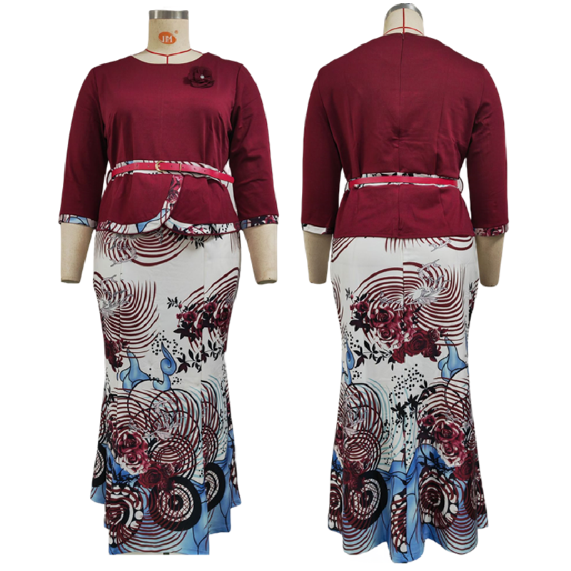 JX504 Hot Selling Plus Size Women Sets 2XL-6XL African Printed 3 Quarter Sleeve Skirt And Top Set For Women Skirt Set For Church
