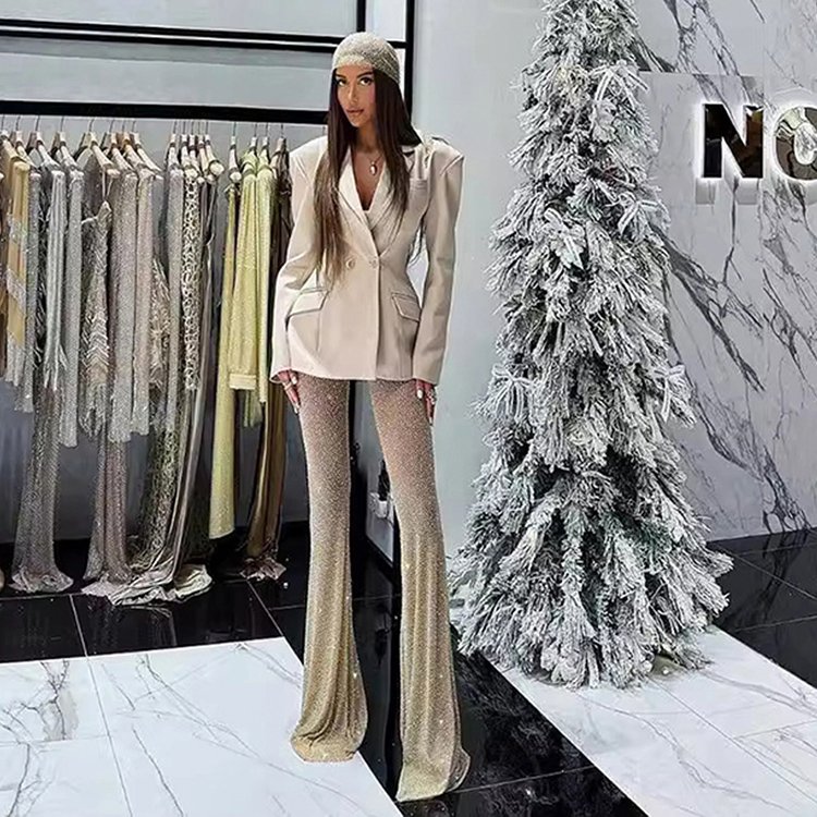 2024 New Evening Luxury Sexy V-Neck Blazers Rhinestone Pants Glitter Two Piece Set Women's Suits Blazers