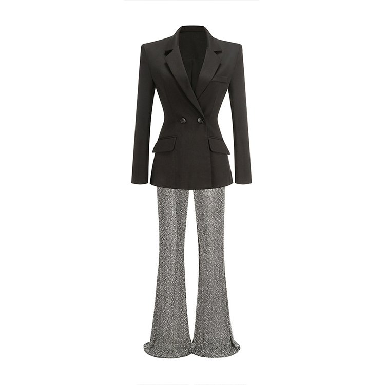 2024 New Evening Luxury Sexy V-Neck Blazers Rhinestone Pants Glitter Two Piece Set Women's Suits Blazers