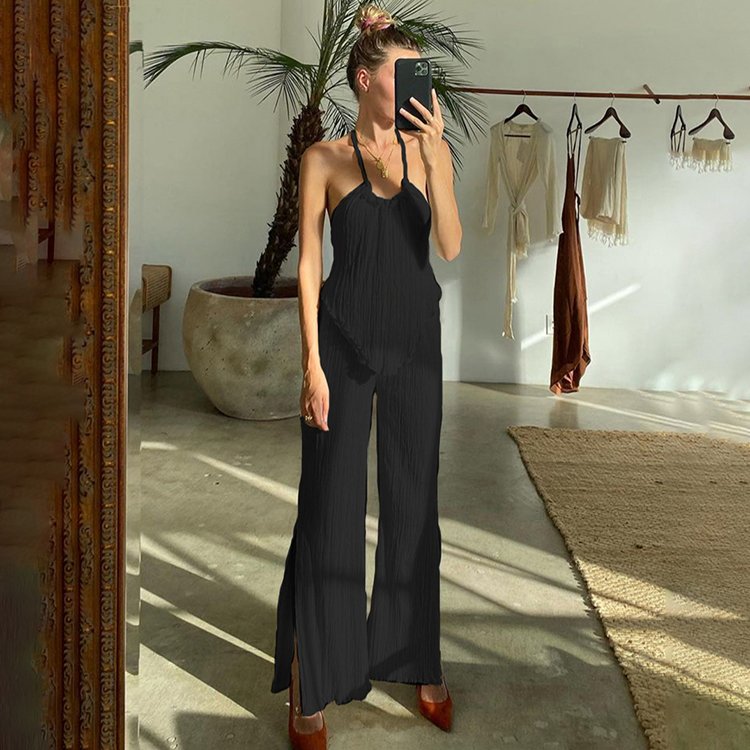 Fashion Design 2023 Elegant Sexy Pleated Beige Halter Tops Wide Leg Pants Summer Matching Set Women 2 Piece Sets