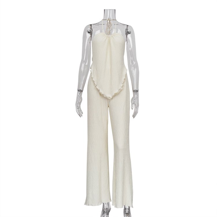 Fashion Design 2023 Elegant Sexy Pleated Beige Halter Tops Wide Leg Pants Summer Matching Set Women 2 Piece Sets