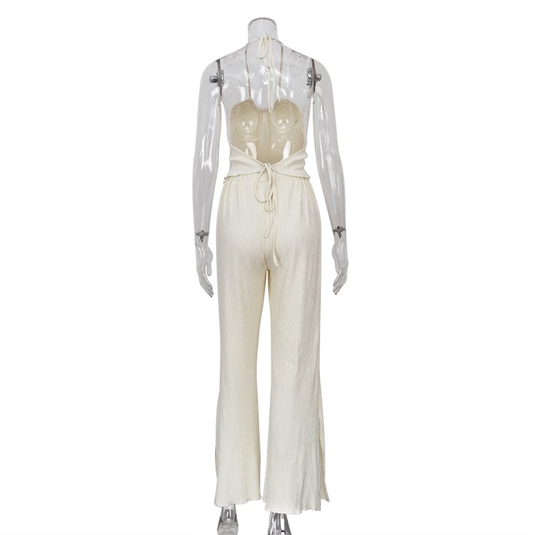 Fashion Design 2023 Elegant Sexy Pleated Beige Halter Tops Wide Leg Pants Summer Matching Set Women 2 Piece Sets