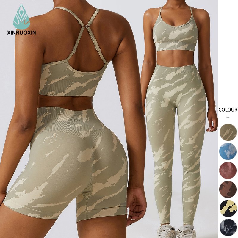 New Arrival 3 Pieces Yoga Set Tie Dye Sports Bra High Waist Shorts Legging Set Workout Yoga Fitness Clothing Wear Sets For Women