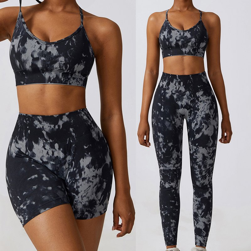 New Arrival 3 Pieces Yoga Set Tie Dye Sports Bra High Waist Shorts Legging Set Workout Yoga Fitness Clothing Wear Sets For Women