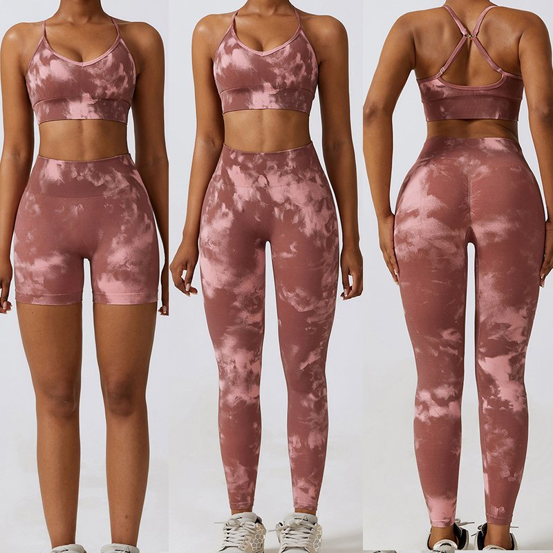 New Arrival 3 Pieces Yoga Set Tie Dye Sports Bra High Waist Shorts Legging Set Workout Yoga Fitness Clothing Wear Sets For Women