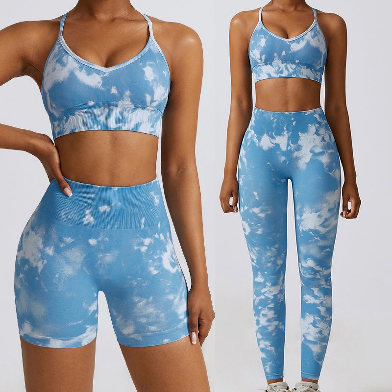 New Arrival 3 Pieces Yoga Set Tie Dye Sports Bra High Waist Shorts Legging Set Workout Yoga Fitness Clothing Wear Sets For Women