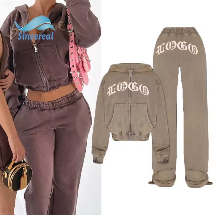 2024 Streetwear Vintage Sweatsuit Zip Up Distressed Embroidery Patch Acid Wash Women's Tracksuit Set Custom Women Hoodies Set