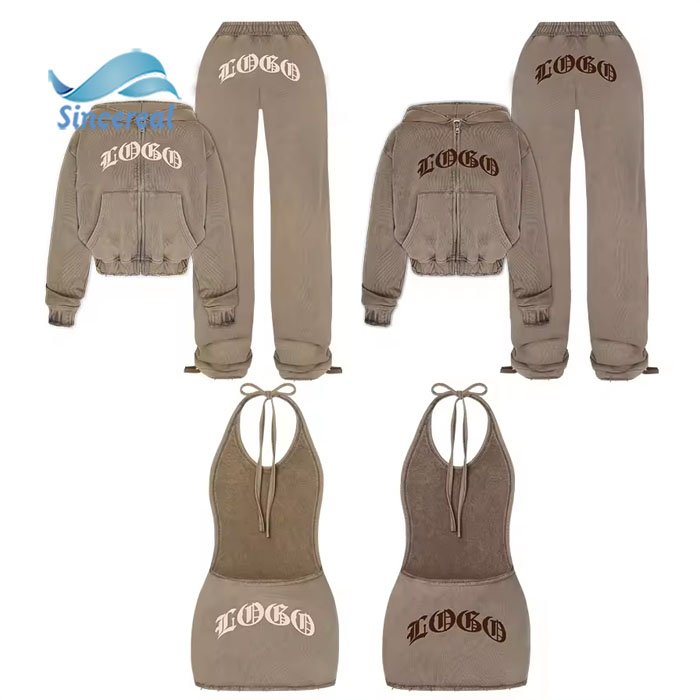 2024 Streetwear Vintage Sweatsuit Zip Up Distressed Embroidery Patch Acid Wash Women's Tracksuit Set Custom Women Hoodies Set