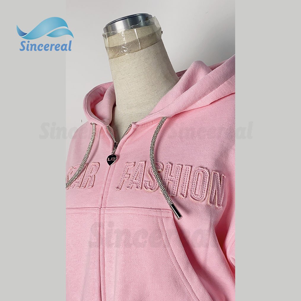 2024 Streetwear Vintage Sweatsuit Zip Up Distressed Embroidery Patch Acid Wash Women's Tracksuit Set Custom Women Hoodies Set