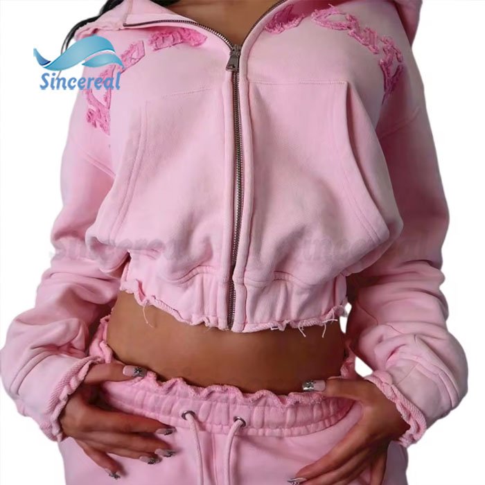 2024 Streetwear Vintage Sweatsuit Zip Up Distressed Embroidery Patch Acid Wash Women's Tracksuit Set Custom Women Hoodies Set