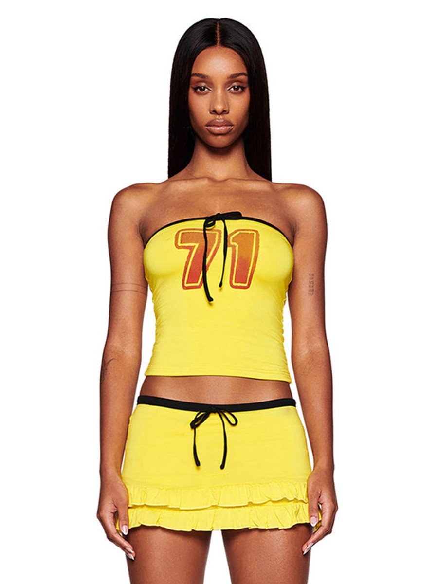 Number 71 Print Women's Sets Sexy Strapless Bow Tank Top With Ruffle Skirt 2 Piece Set Women Summer Streetwear