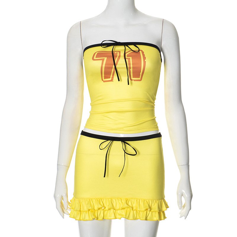 Number 71 Print Women's Sets Sexy Strapless Bow Tank Top With Ruffle Skirt 2 Piece Set Women Summer Streetwear