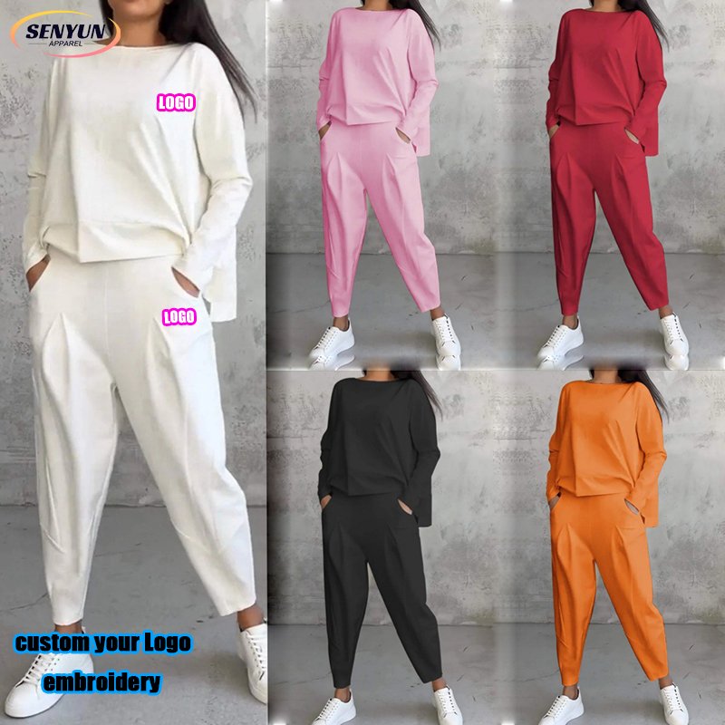 2024 New Sexy Long Sleeve Crewneck Tracksuits Outfits 2 Piece Custom 3d Embroidery Logo Plus Size Sports Jogger Women'S Sets