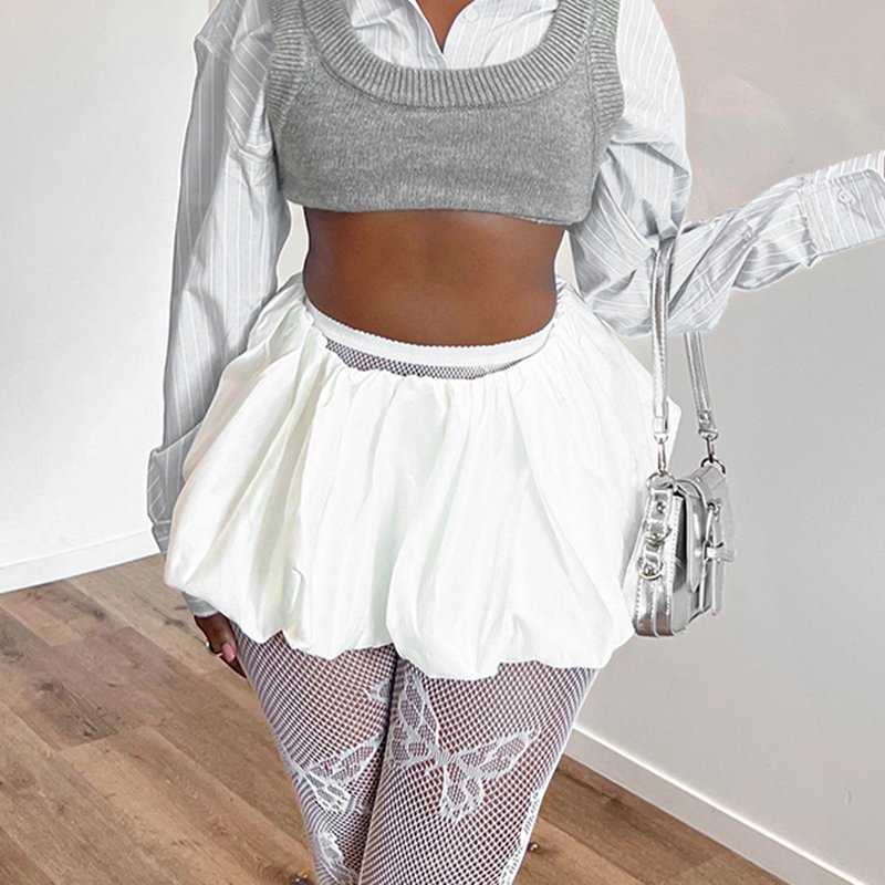 Bomblook C529ST Charm Women's Sets Hollow Out Bow Tank Top With Bubble Pleated Mini Skirt 2 Piece Set Women Summer Streetwear